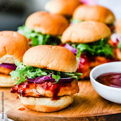 Grilled Chicken Sliders With Barbecue Sauce Served on Wooden Board During Aft...
