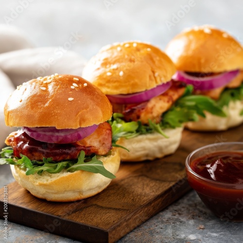 Three Chicken Sliders With Onions and Sauce on a Wooden Board in a Kitchen Se...