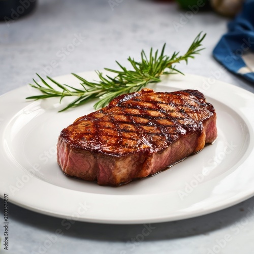 Perfectly Cooked Steak on a White Plate With Garnish on a Kitchen Countertop
