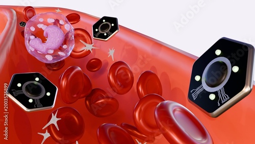 Foto A 3D rendering of microscopic hexagonal biosensors floating amongst red blood cells and a white blood cell, depicting future medical diagnostics and in-vivo monitoring
