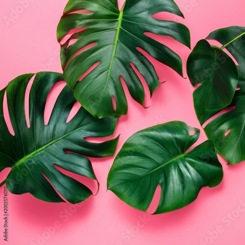 Green Leaves Arranged on a Pink Background With Natural Light Shining on Them