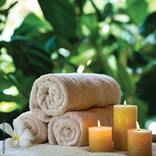Relaxing Spa Setting With Towels and Candles Surrounded by Green Plants in th...