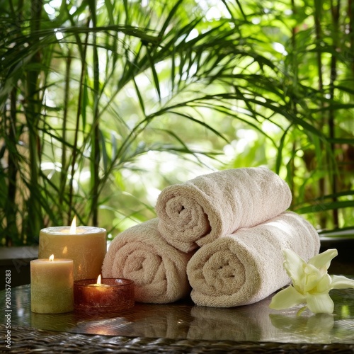 Relaxing Spa Setting With Towels and Candles Surrounded by Green Plants in th...
