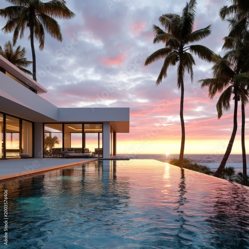 Sunset Over the Ocean With Palm Trees and Infinity Pool at a Tropical Location