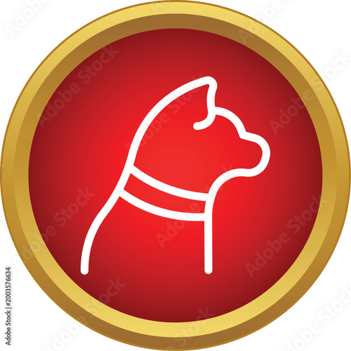 Linear outline of a dog head in profile on a red circle with gold border