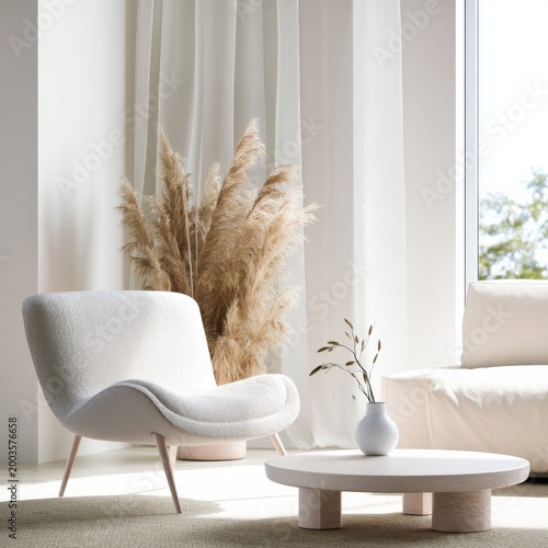 Modern Living Room With a Couch, Round Table, and Decorative Plants in Daytime