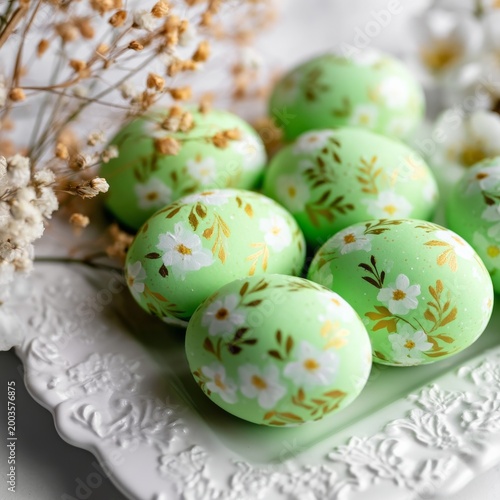 Colorful Eggs Arranged on a Plate With Floral Designs for a Festive Celebrati...