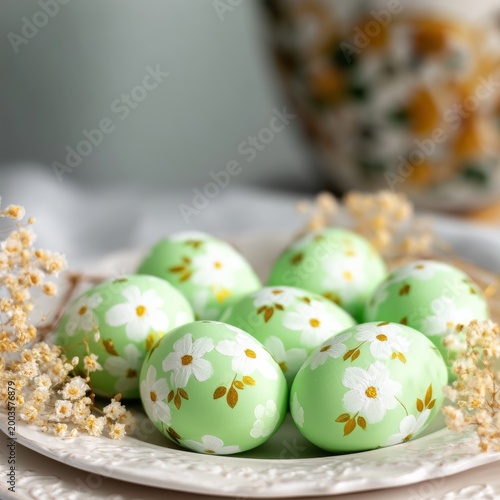 Colorful Eggs Arranged on a Plate With Floral Designs for a Festive Celebrati...