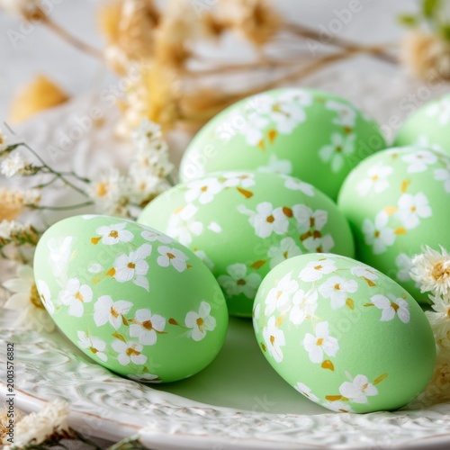 Colorful Decorated Eggs on a Plate With Dried Flowers in a Bright Indoor Sett...