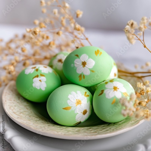 Colorful Decorated Eggs on a Plate With Dried Flowers in a Bright Indoor Sett...