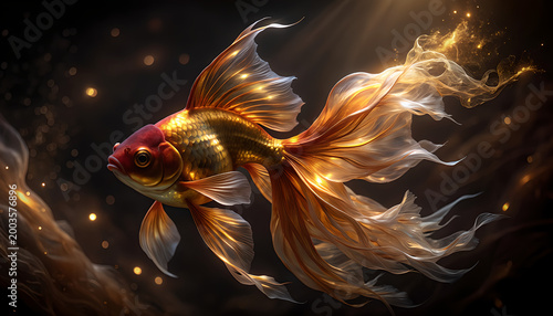 Stunning goldfish with long flowing tail shimmering in dark magical waters with golden particles.
