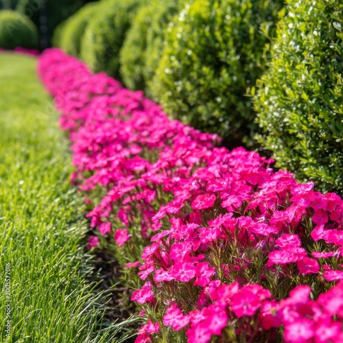 Vibrant Pink Flowers Line a Garden Path Beside Trimmed Green Bushes on a Sunn...