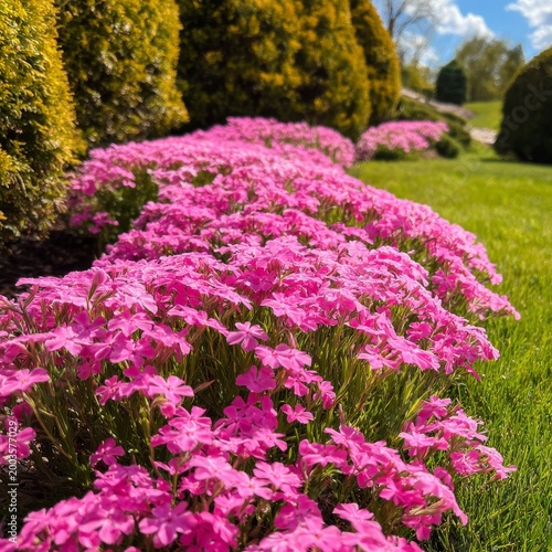 Vibrant Pink Flowers Line a Garden Path Beside Trimmed Green Bushes on a Sunn...