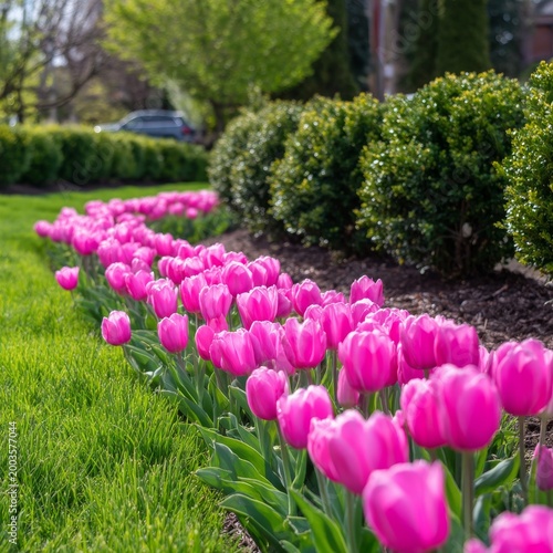 Pink Tulips in a Garden With Green Grass and Bushes During Daytime