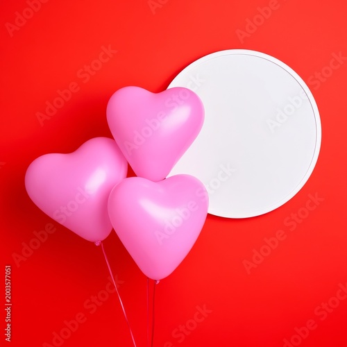 Three Pink Heart Balloons Float Against a Red Wall Beside a Blank Round Surface