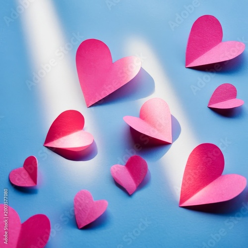 Colorful Pink Heart Shapes Scattered on a Blue Background With Soft Shadows i...