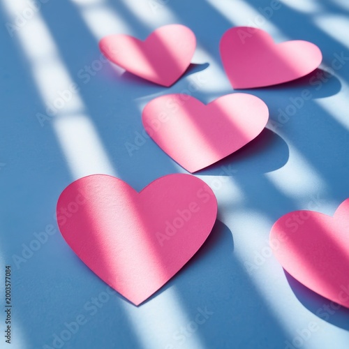 Colorful Paper Hearts on a Blue Surface With Shadows in the Afternoon Light