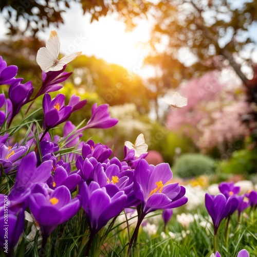 Colorful Flowers Bloom in Garden With Butterflies Flying During Sunset