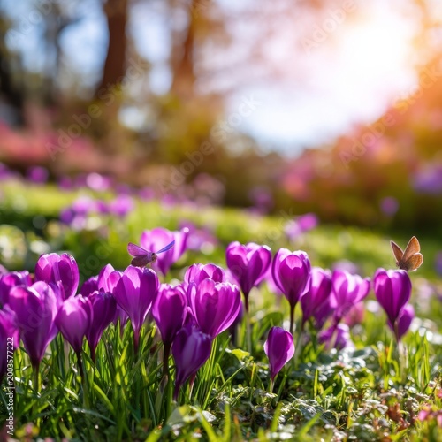 Spring Flowers Bloom in a Garden During the Afternoon With Sunlight Illuminat...