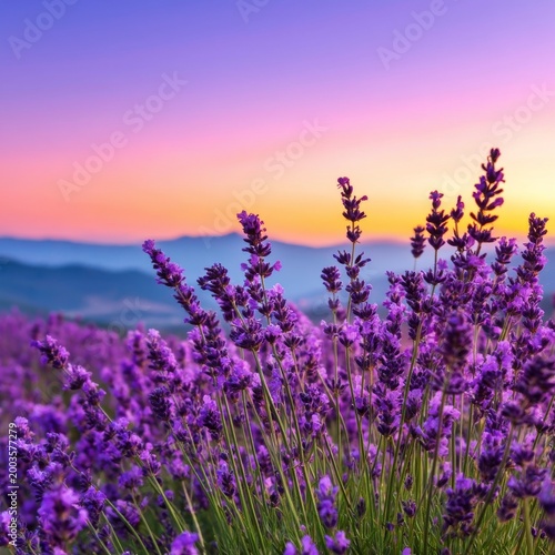 Lavender Fields at Sunset Under a Colorful Sky With Distant Mountains in the ...