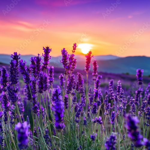 Lavender Fields at Sunset Under a Colorful Sky With Distant Mountains in the ...