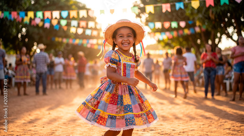 Cheerful girl in colorful dress and hat at a lively Brazilian June festival
