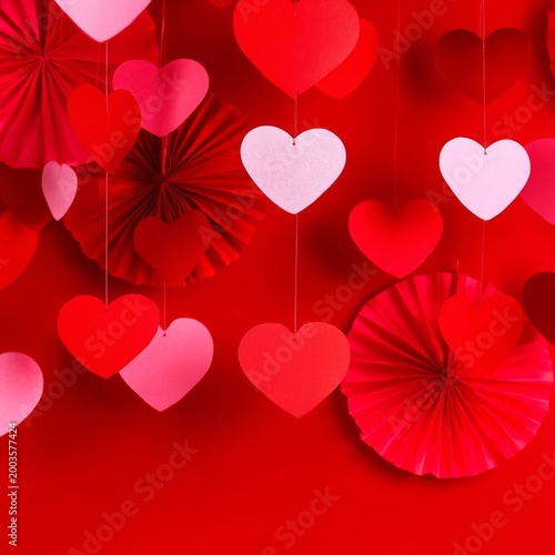 Colorful Paper Hearts Hanging on a Red Background for Decoration and Celebration