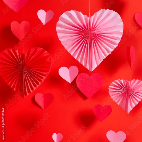 Red Hearts Made of Paper Hanging on Strings Against a Bright Background