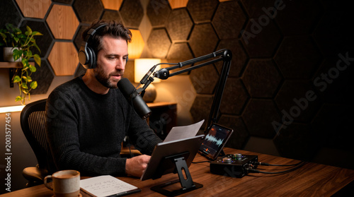 Serious male host record audio podcast with microphone and headphones in cozy home studio with warm light