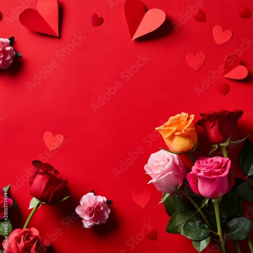 Colorful Roses and Paper Hearts on Red Background for Celebration or Event De...