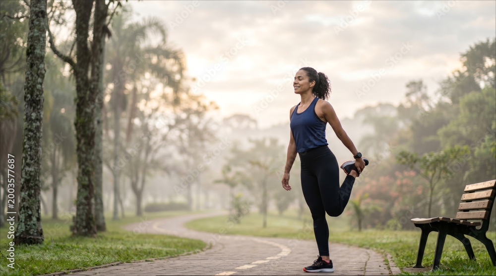 Fototapeta premium Fit woman stretching quadriceps on a park path enjoying a fresh morning workout outdoors