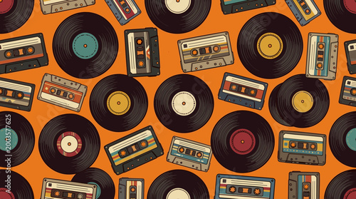 Exploring retro music vibes vinyl records and cassette tapes studio background digital illustration vibrant colors