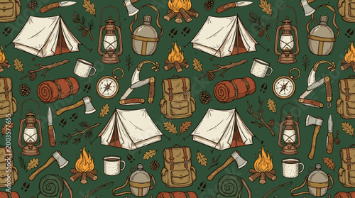 Camping adventure in the wilderness tents gear and nature elements for outdoor enthusiasts