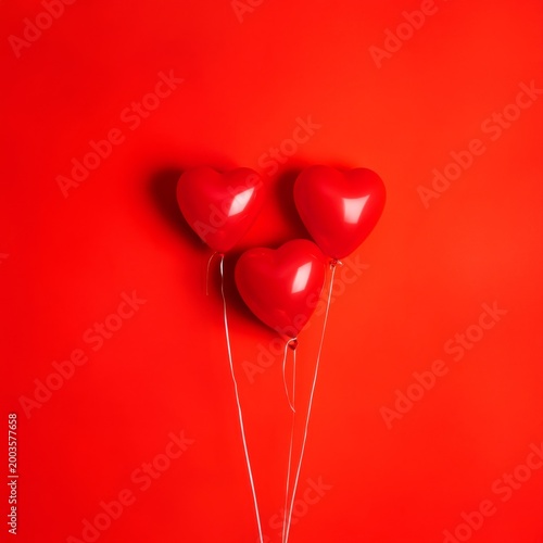 Heart-shaped Balloons on a Bright Red Background for Celebration or Decoratio...