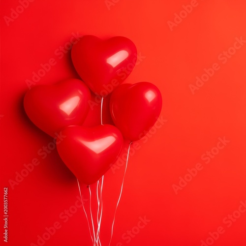 Heart-shaped Balloons on a Bright Red Background for Celebration or Decoratio...