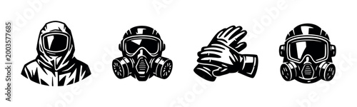 Cuadro en lienzo Vector illustration of protective gear silhouette including hazmat suit gas mask