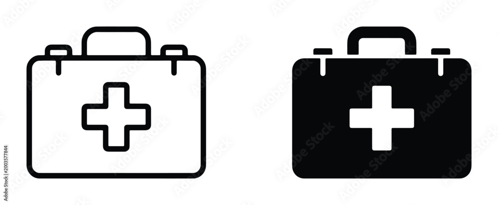Obraz premium Medical first aid kit icons, black outline and solid silhouette emergency bag vectors, healthcare equipment symbols for hospital and safety apps