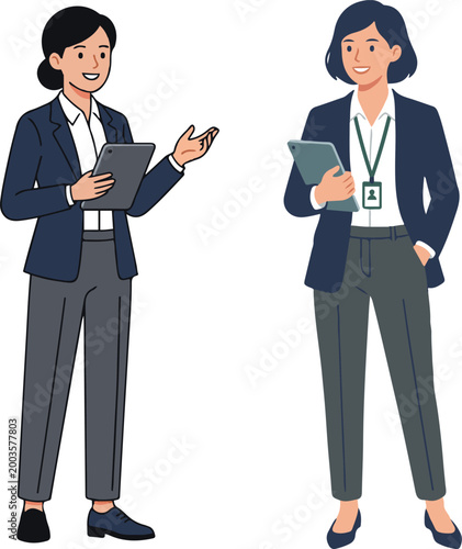 Illustration of professional businesswomen holding documents and tablet, representing corporate communication and office work in a modern vector style.