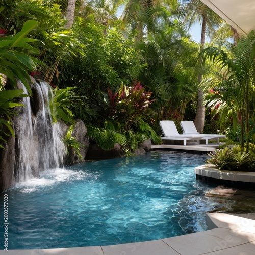 Relaxation by the Pool With a Waterfall and Tropical Trees in a Sunny Location