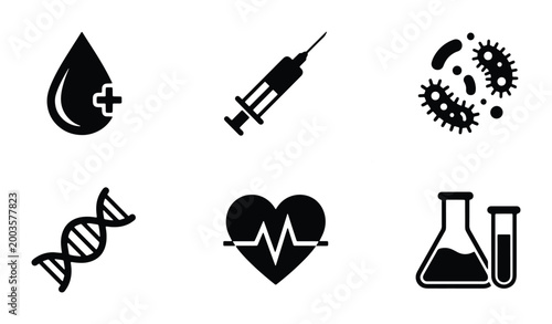 Medical icon set with 6 black vector symbols, healthcare and science laboratory elements, syringe and dna helix icons for medical infographics