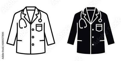 Medical doctor lab coat icons with stethoscope, professional healthcare uniform vector set, white and black surgical coat line art symbols