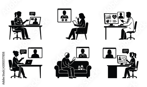 Telemedicine and online medical consultation icons set, black silhouette doctor and patient video call illustrations, virtual healthcare vector collection