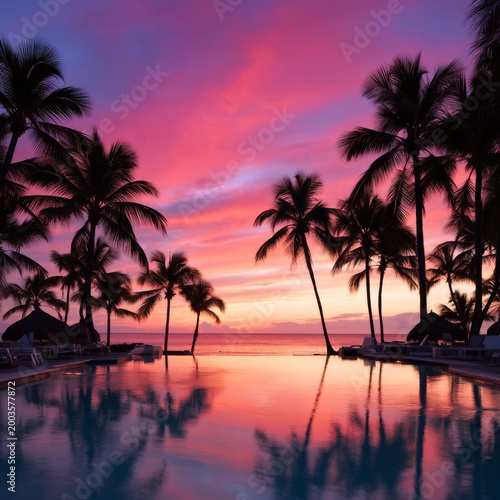 Bright Sunset Over the Ocean With Palm Trees and a Pool in a Tropical Location