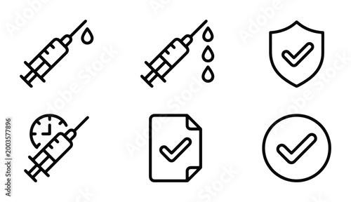 Medical vaccination line icon set, 6 syringe and immunity shield vector elements, healthcare injection and vaccine certificate symbols