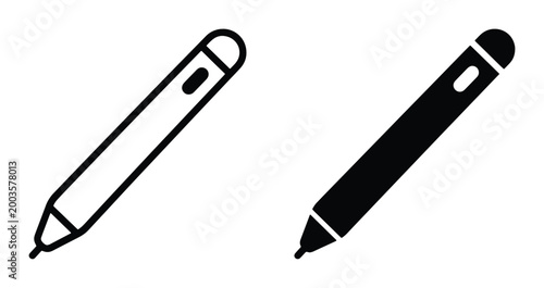 Digital stylus pen icons, minimalist electronic drawing tool symbols, black outline and solid silhouette vector set for graphic design and tablet apps