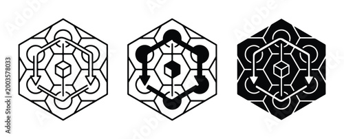 Blockchain technology hex icons set, decentralized network data flow vector, geometric crypto infrastructure symbols for fintech and logistics