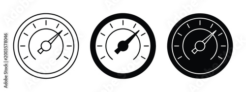 Minimalist speedometer icon set, circular gauge vector illustrations, black and white dashboard meter symbols for performance and speed tracking