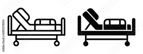 Medical hospital bed icons set, adjustable patient clinic bed vector illustrations, black line and solid silhouette healthcare equipment symbols