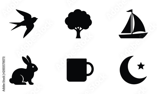 Minimalist black silhouette icons set of 6 vector elements, nature and lifestyle symbols including bird tree sailboat rabbit mug and moon