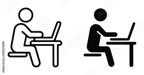 Foto Minimalist person working on laptop icon set, black and white office worker silh